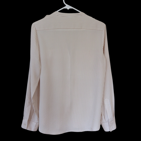 Calvin Klein Striped Button Tab Button Up Semi-Sheer Blouse MEDIUM White Tan - Picture 11 of 15